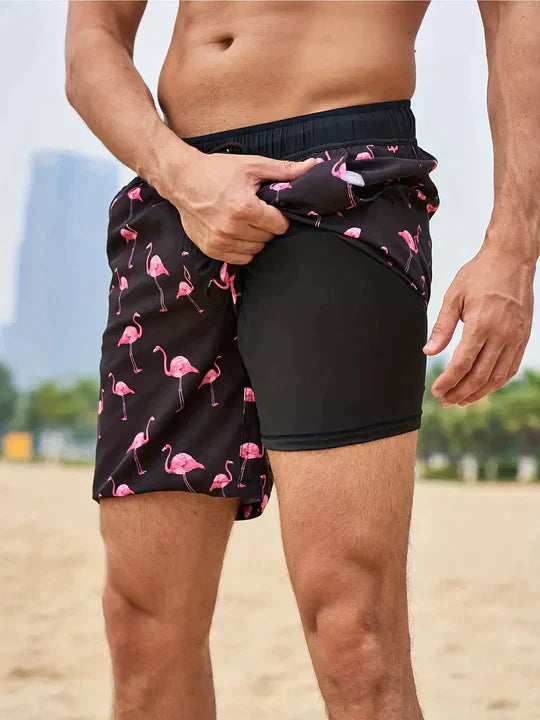 Men's Printed Quick Dry Lined Swim Shorts, Drawstring Waist