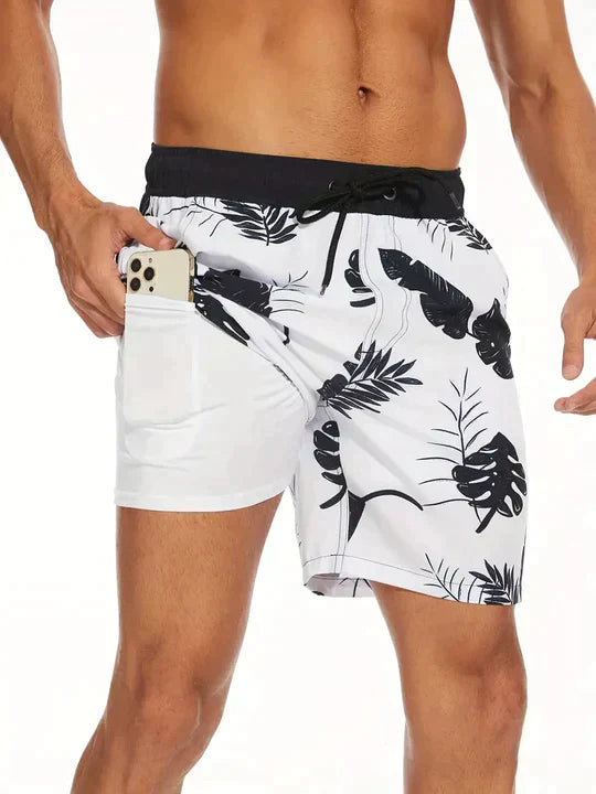 Men's Printed Quick Dry Lined Swim Shorts, Drawstring Waist