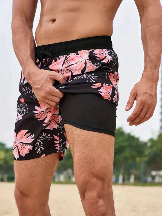 Men's Printed Quick Dry Lined Swim Shorts, Drawstring Waist