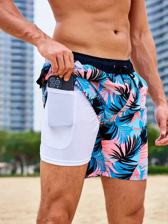 Men's Printed Quick Dry Lined Swim Shorts, Drawstring Waist
