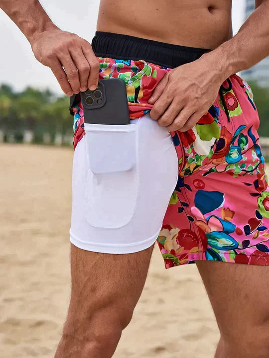 Men's Printed Quick Dry Lined Swim Shorts, Drawstring Waist