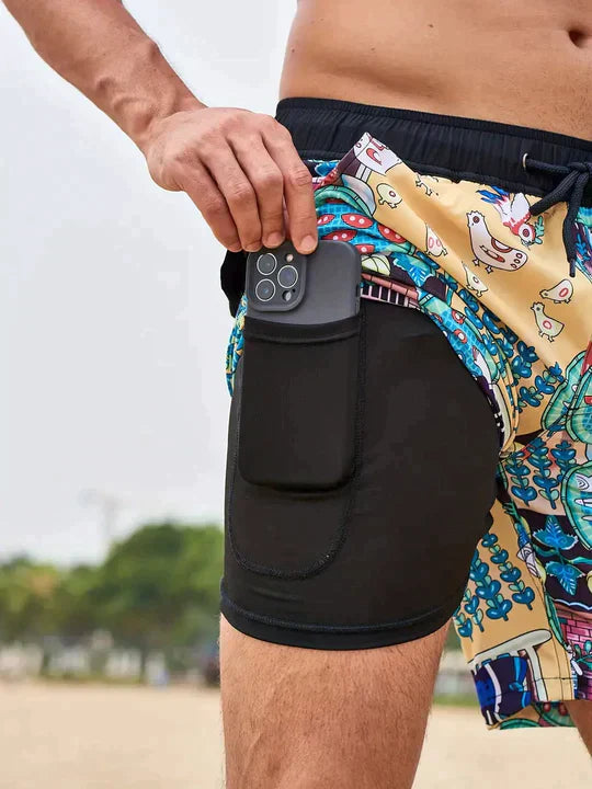 Men's Printed Quick Dry Lined Swim Shorts, Drawstring Waist