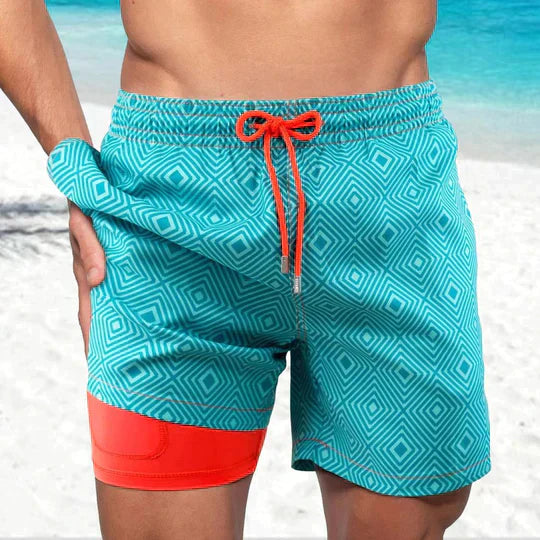 Men's Printed Quick Dry Lined Swim Shorts, Drawstring Waist