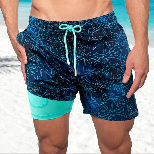 Men's Printed Quick Dry Lined Swim Shorts, Drawstring Waist