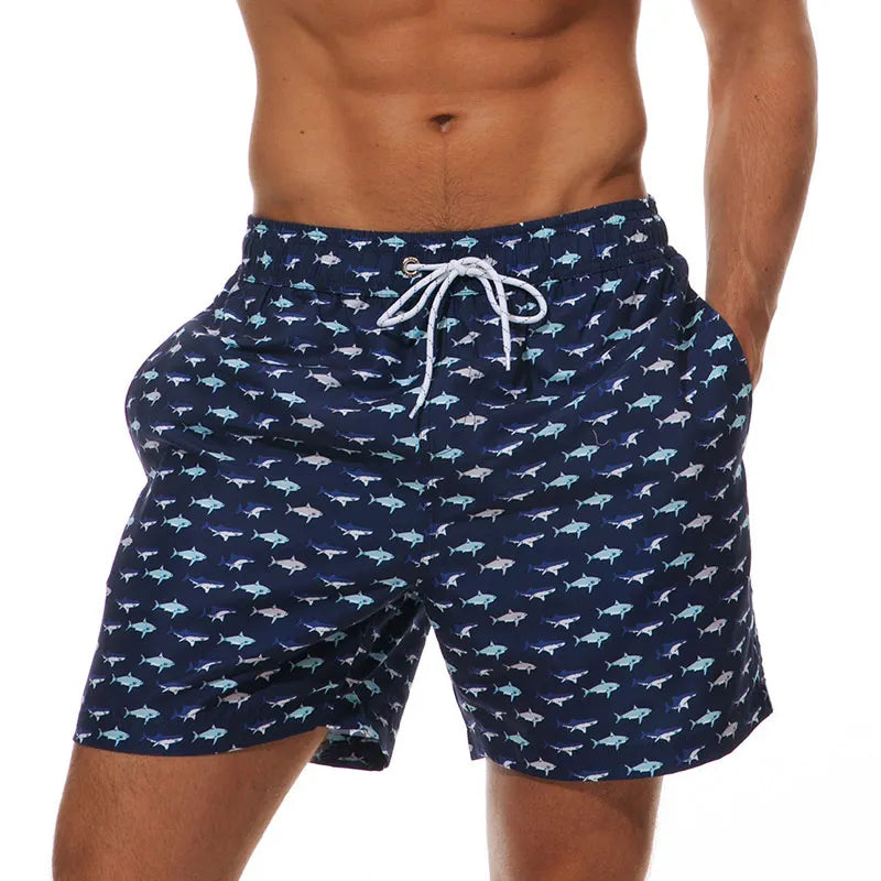 Men's Printed Swim Shorts, Quick-Dry Drawstring Trunks with Pockets