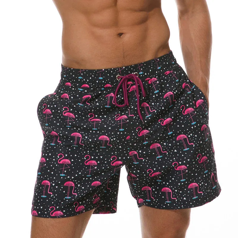 Men's Printed Swim Shorts, Quick-Dry Drawstring Trunks with Pockets
