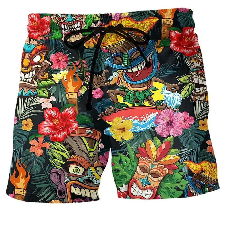 Men's Printed Swim Trunks, Quick-Dry Drawstring Summer Beach Shorts