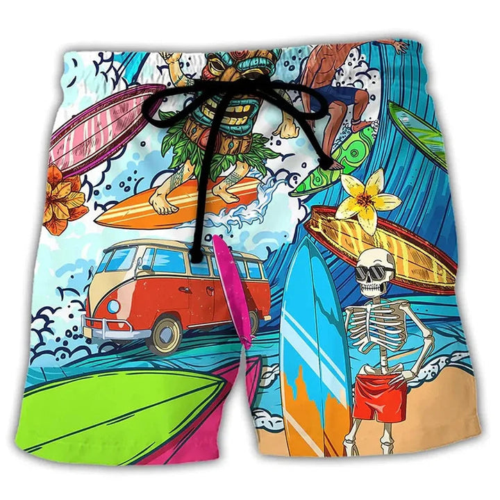 Men's Printed Swim Trunks, Quick-Dry Drawstring Summer Beach Shorts