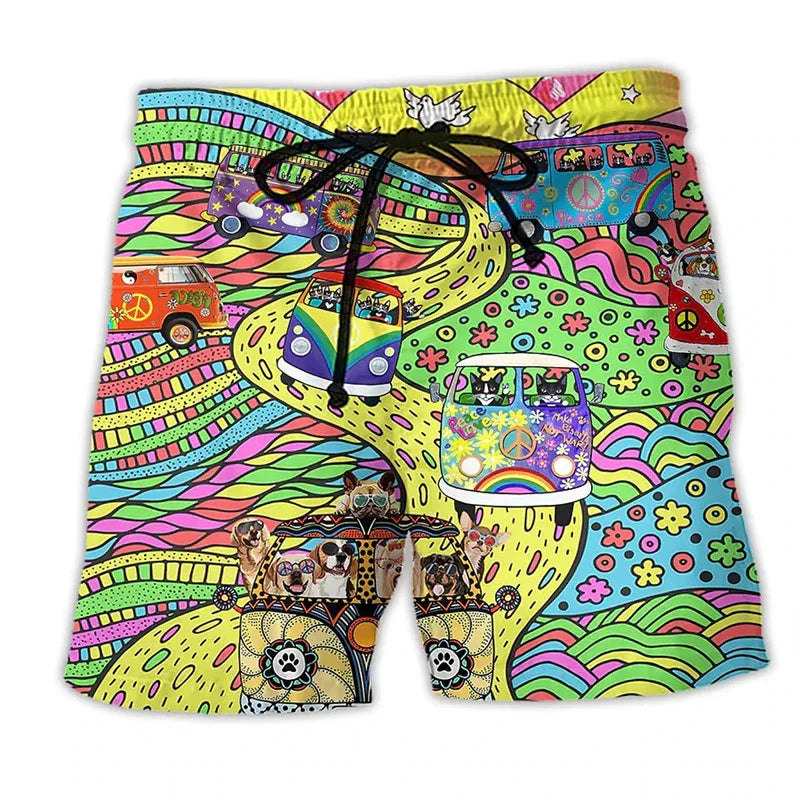 Men's Printed Swim Trunks, Quick-Dry Drawstring Summer Beach Shorts