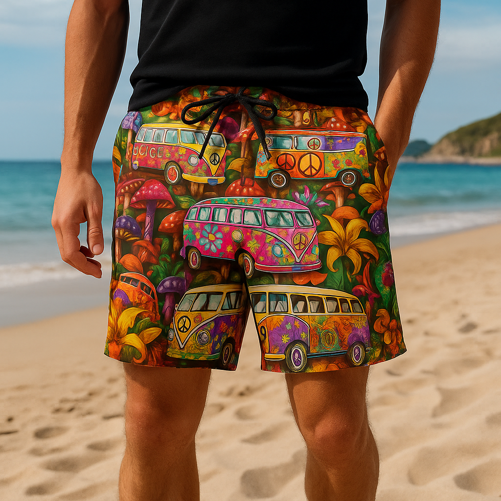 Men's Printed Swim Trunks, Quick-Dry Drawstring Summer Beach Shorts