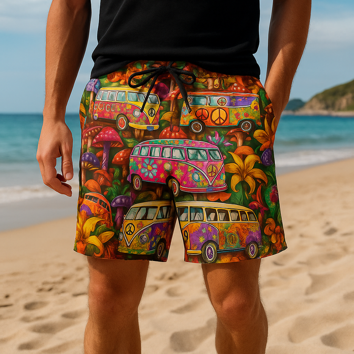 Men's Printed Swim Trunks, Quick-Dry Drawstring Summer Beach Shorts