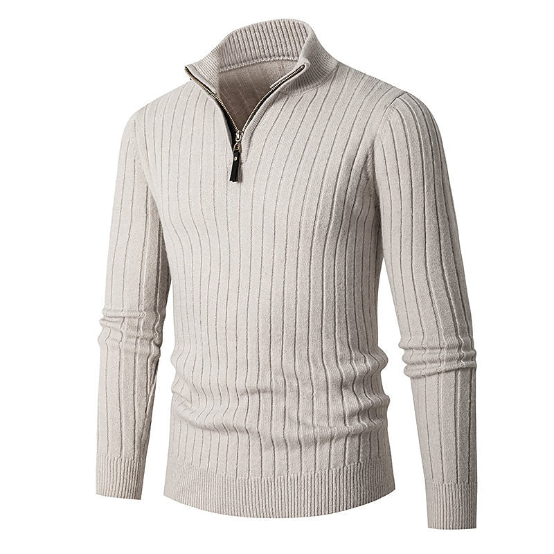 Men's Quarter Zip Mock Neck Ribbed Knit Pullover Sweater