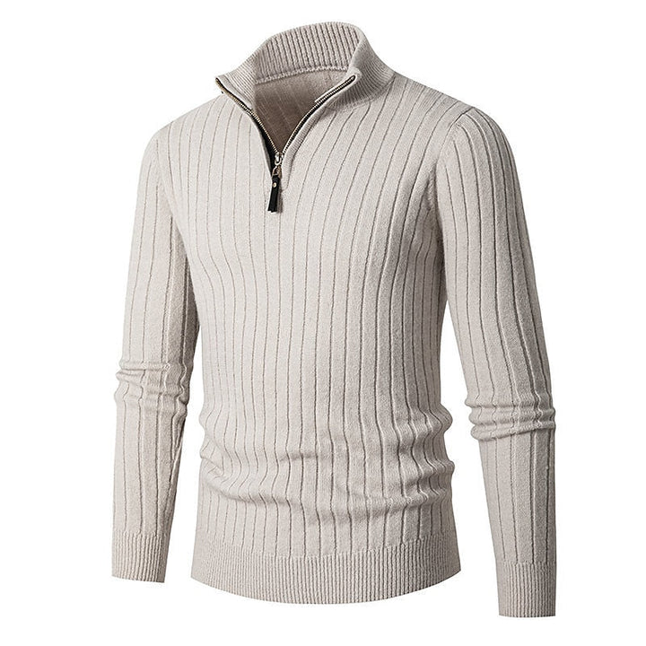 Men's Quarter Zip Mock Neck Ribbed Knit Pullover Sweater
