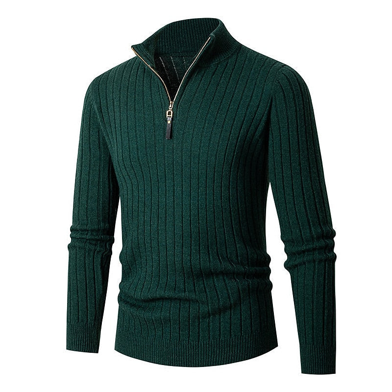 Men's Quarter Zip Mock Neck Ribbed Knit Pullover Sweater
