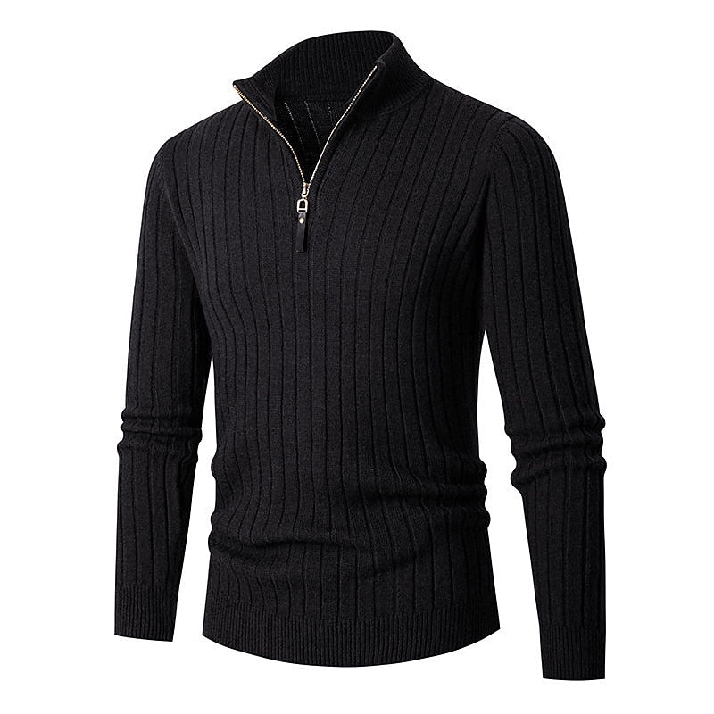 Men's Quarter Zip Mock Neck Ribbed Knit Pullover Sweater