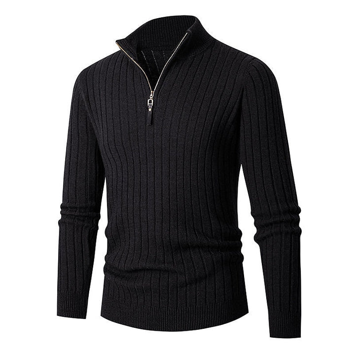 Men's Quarter Zip Mock Neck Ribbed Knit Pullover Sweater