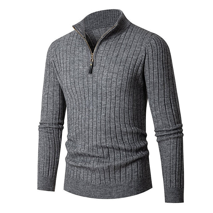 Men's Quarter Zip Mock Neck Ribbed Knit Pullover Sweater