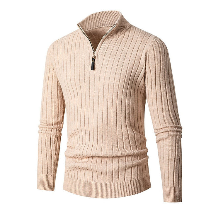 Men's Quarter Zip Mock Neck Ribbed Knit Pullover Sweater