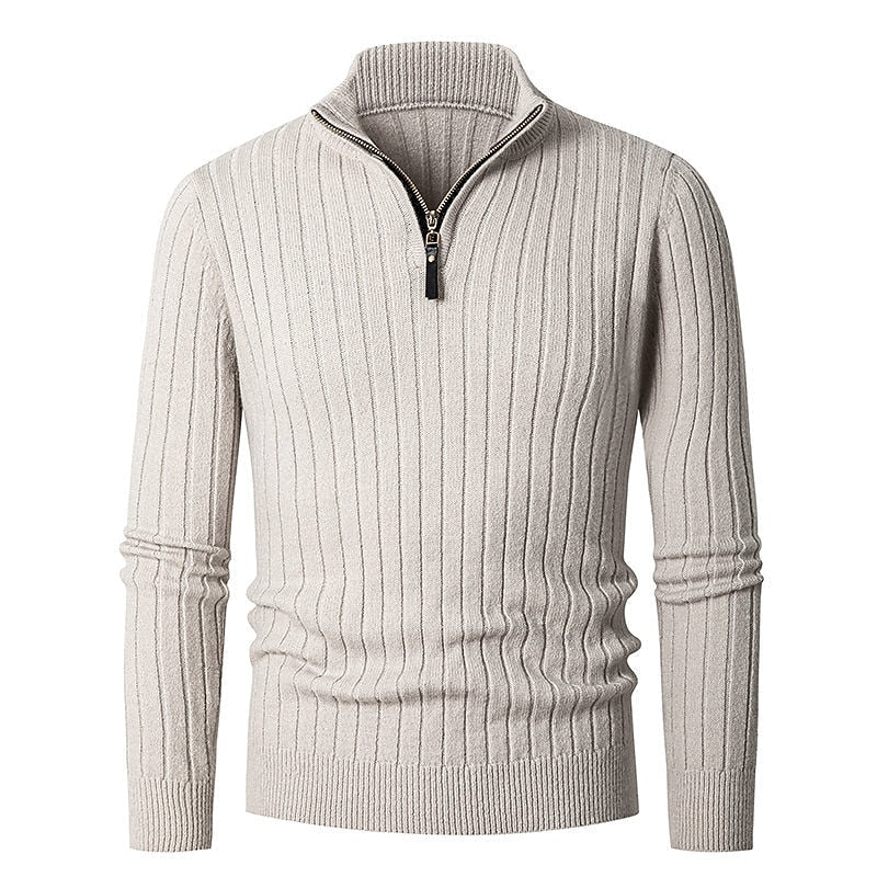 Men's Quarter Zip Mock Neck Ribbed Knit Pullover Sweater