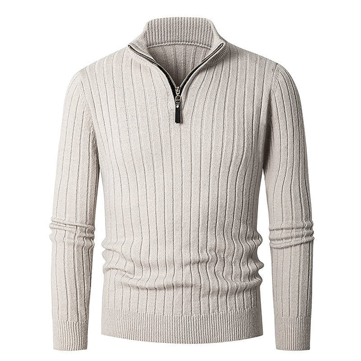 Men's Quarter Zip Mock Neck Ribbed Knit Pullover Sweater