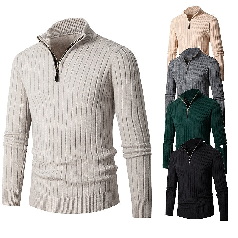 Men's Quarter Zip Mock Neck Ribbed Knit Pullover Sweater
