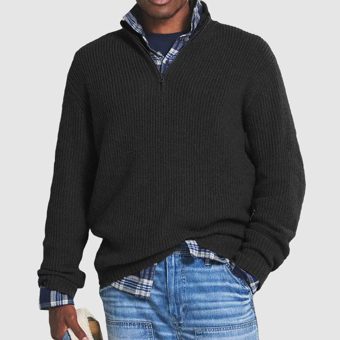 Men's Quarter Zip Ribbed Mock Neck Knit Pullover Sweater