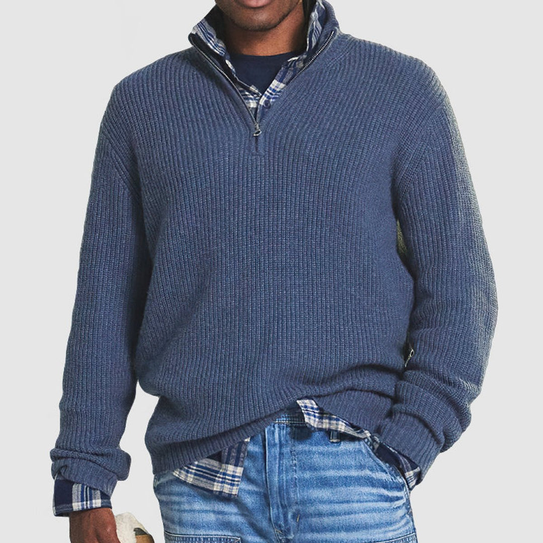 Men's Quarter Zip Ribbed Mock Neck Knit Pullover Sweater