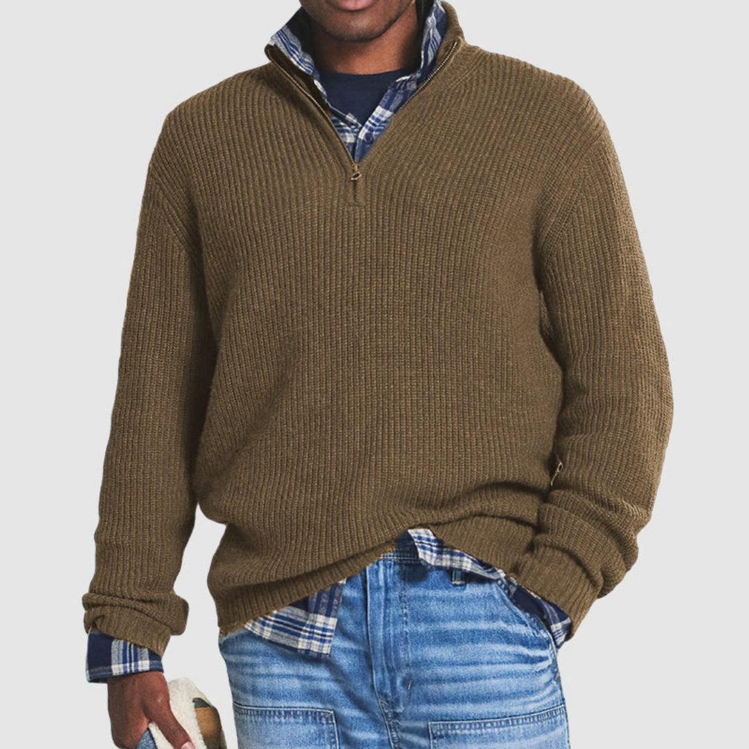 Men's Quarter Zip Ribbed Mock Neck Knit Pullover Sweater