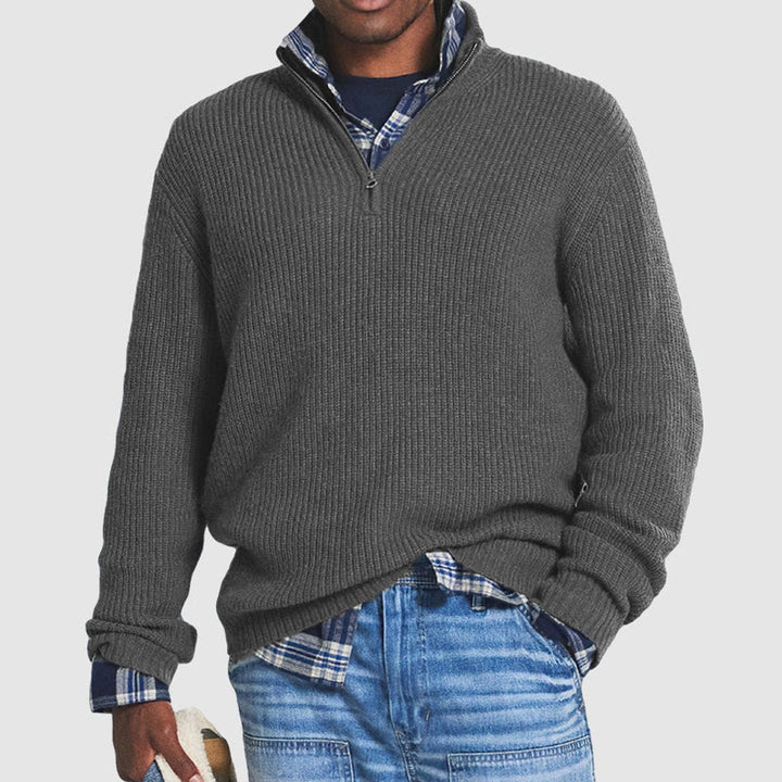 Men's Quarter Zip Ribbed Mock Neck Knit Pullover Sweater
