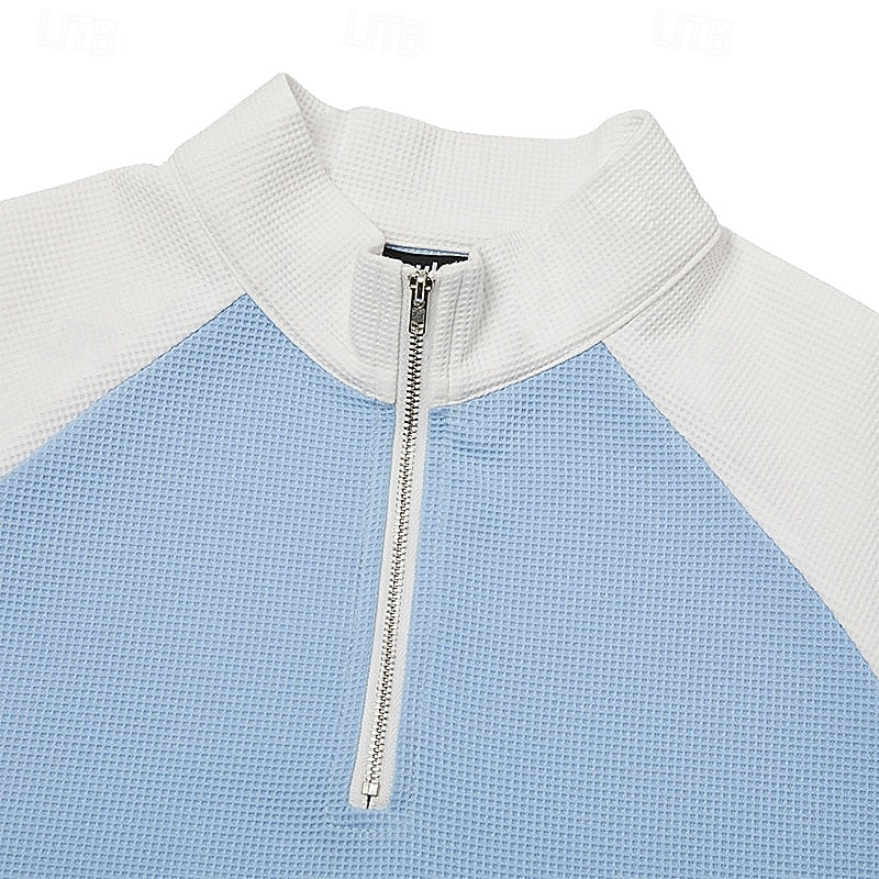 Men's Quarter Zip Waffle Knit Stand Collar Pullover Sweater