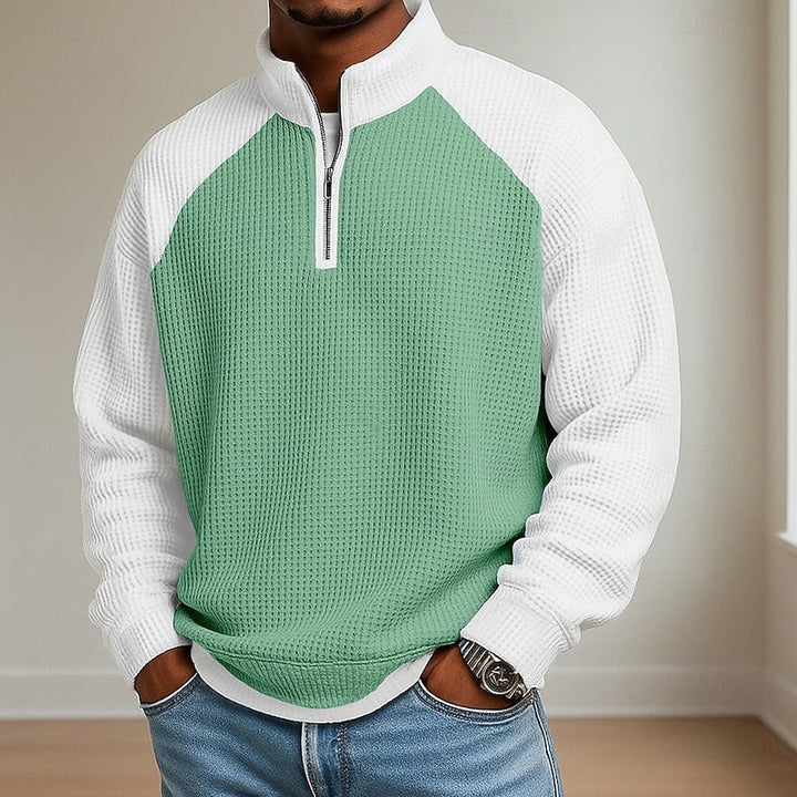 Men's Quarter Zip Waffle Knit Stand Collar Pullover Sweater
