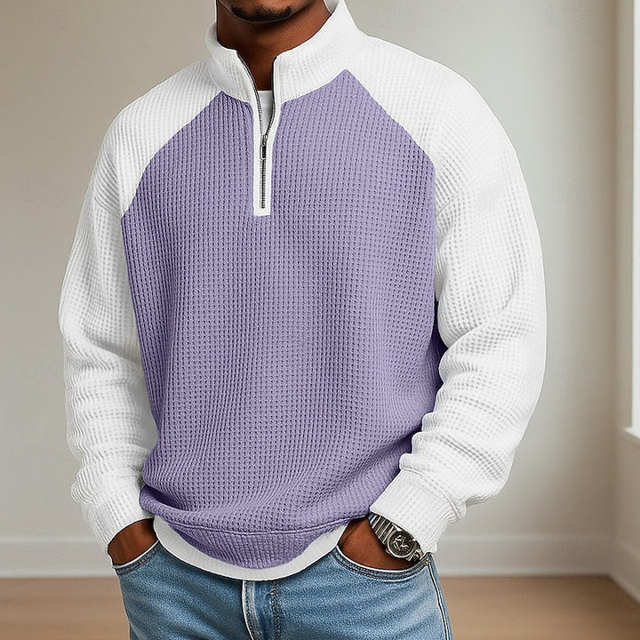 Men's Quarter Zip Waffle Knit Stand Collar Pullover Sweater