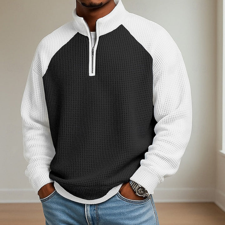Men's Quarter Zip Waffle Knit Stand Collar Pullover Sweater