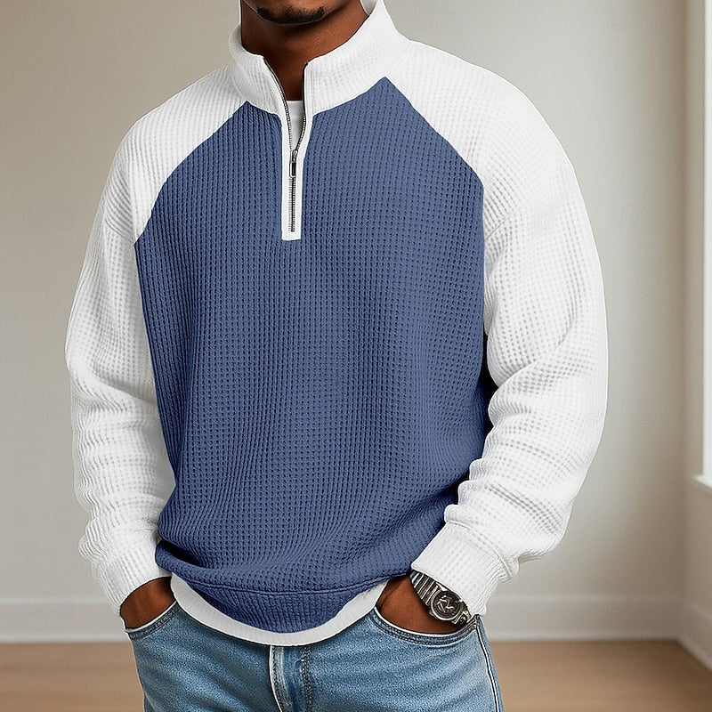 Men's Quarter Zip Waffle Knit Stand Collar Pullover Sweater