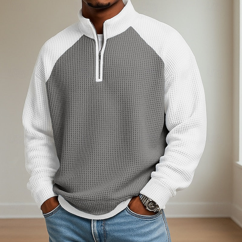 Men's Quarter Zip Waffle Knit Stand Collar Pullover Sweater