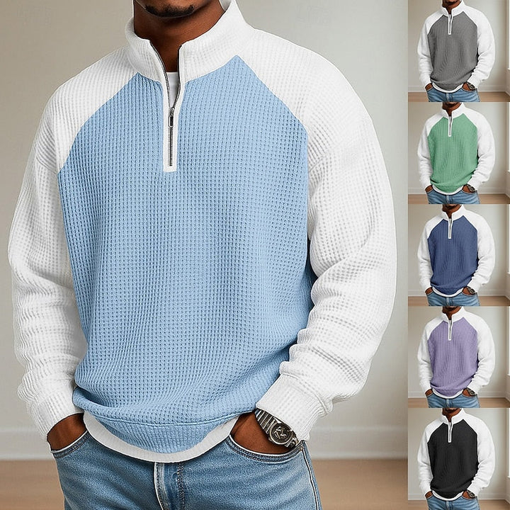 Men's Quarter Zip Waffle Knit Stand Collar Pullover Sweater