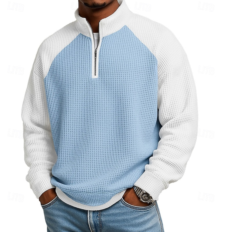 Men's Quarter Zip Waffle Knit Stand Collar Pullover Sweater