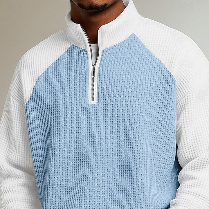 Men's Quarter Zip Waffle Knit Stand Collar Pullover Sweater