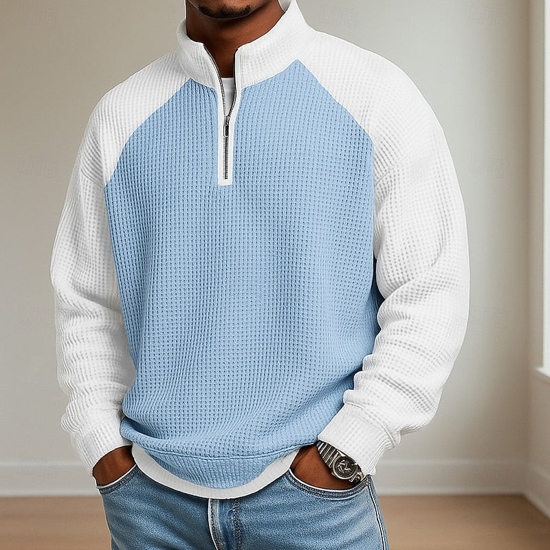 Men's Quarter Zip Waffle Knit Stand Collar Pullover Sweater