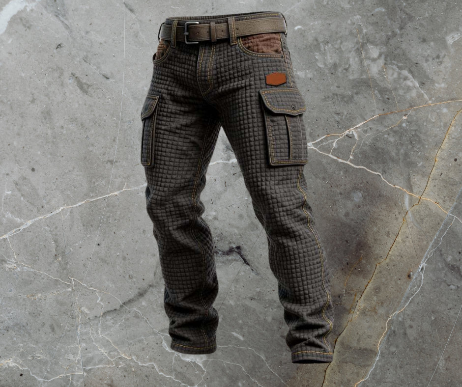 Men's Quilted Texture Cargo Jeans Multi-Pocket Relaxed Denim
