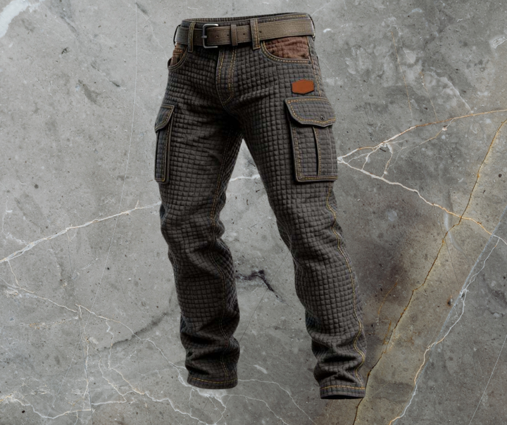 Men's Quilted Texture Cargo Jeans Multi-Pocket Relaxed Denim