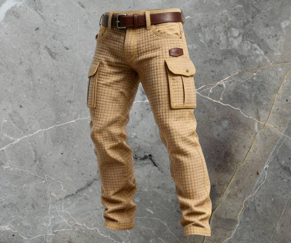 Men's Quilted Texture Cargo Jeans Multi-Pocket Relaxed Denim