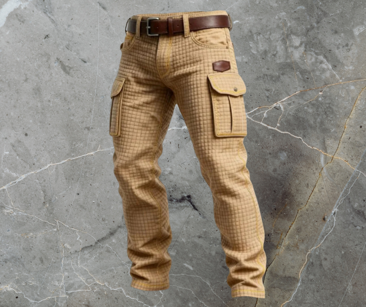 Men's Quilted Texture Cargo Jeans Multi-Pocket Relaxed Denim