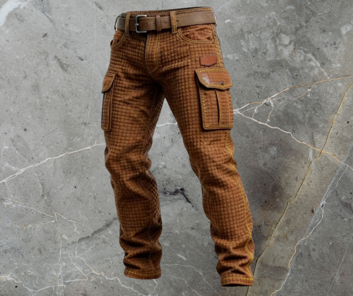 Men's Quilted Texture Cargo Jeans Multi-Pocket Relaxed Denim