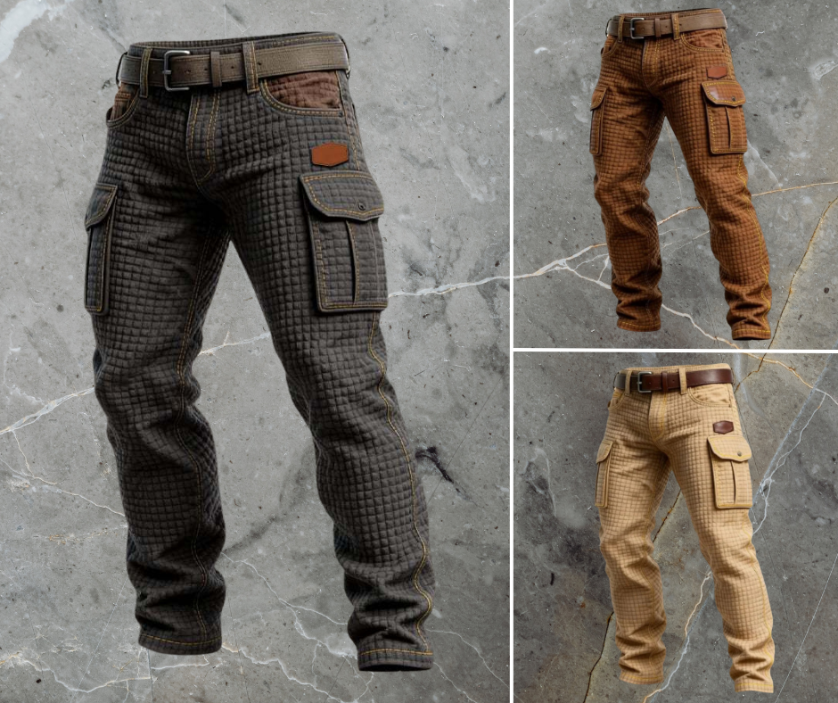 Men's Quilted Texture Cargo Jeans Multi-Pocket Relaxed Denim