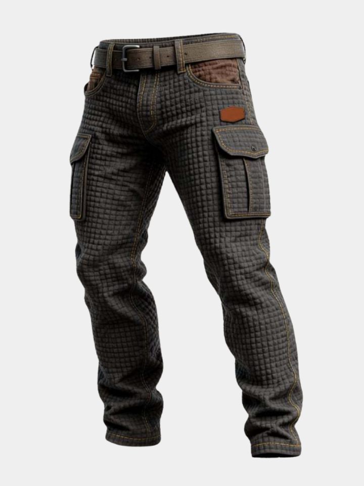 Men's Quilted Texture Cargo Jeans Multi-Pocket Relaxed Denim