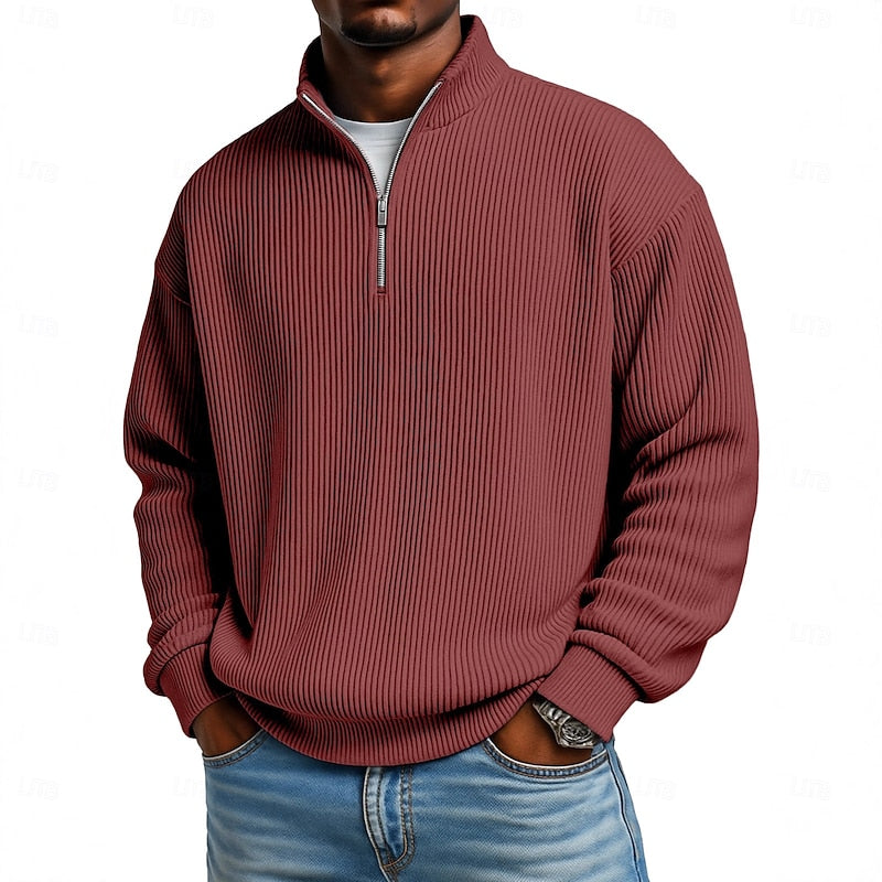 Men's Relaxed Fit Ribbed Knit Quarter Zip Pullover Sweater