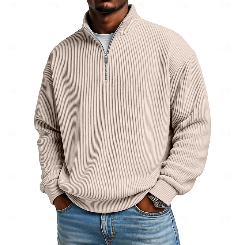 Men's Relaxed Fit Ribbed Knit Quarter Zip Pullover Sweater