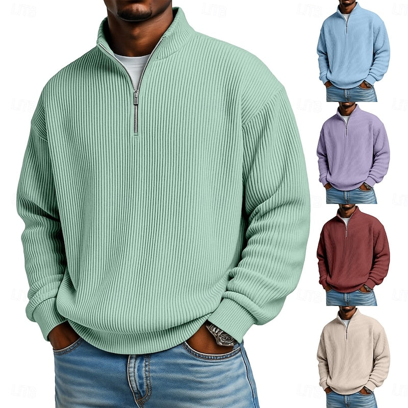 Men's Relaxed Fit Ribbed Knit Quarter Zip Pullover Sweater