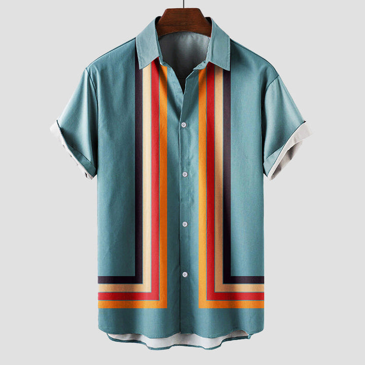 Men's Retro Stripe Short Sleeve Camp Collar Summer Shirt